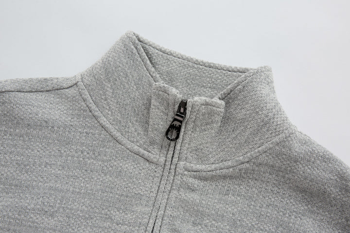 Heather gray 1/4-zip top neckline with stand collar and zipper placket