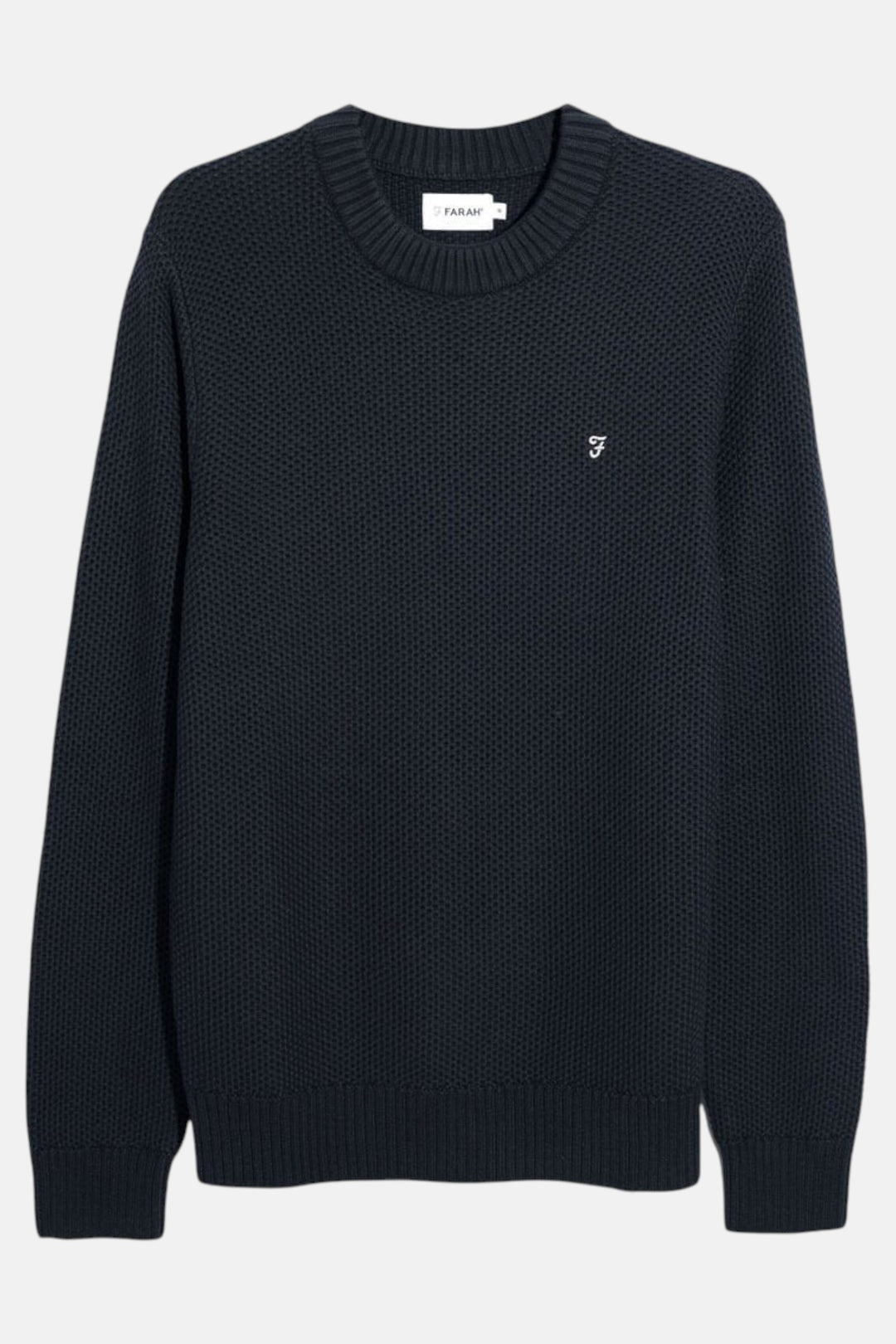 Navy knitted crew jumper with ribbed crew neck and long sleeves