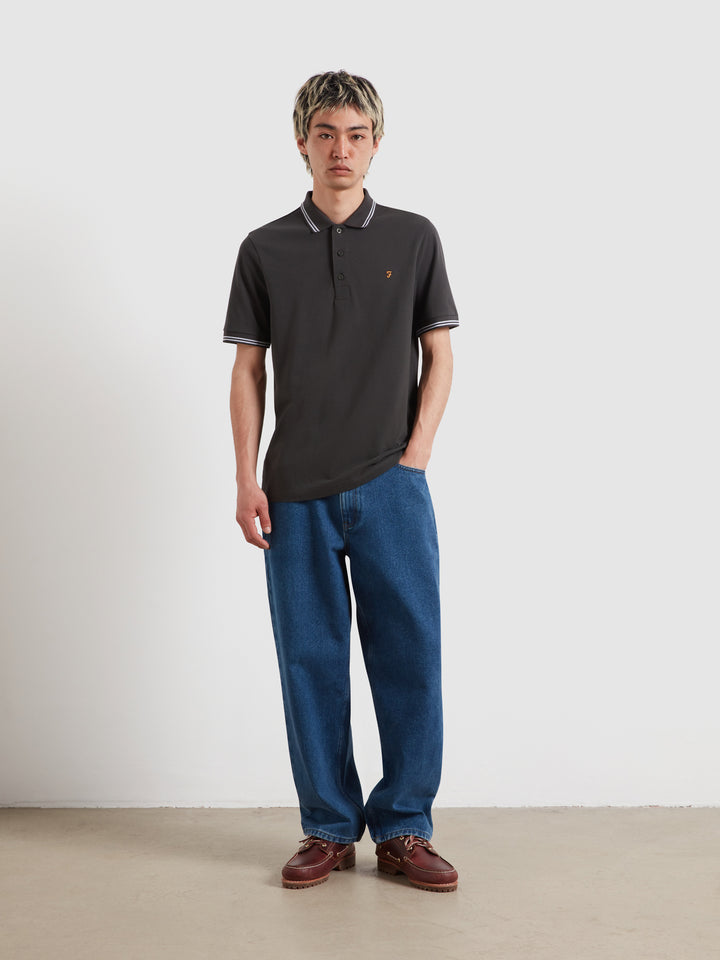 Farah washed black polo shirt with striped tipped collar and button placket