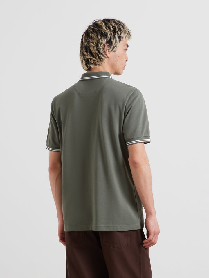 Olive green polo shirt, back view, striped collar and sleeve tipping, short sleeves