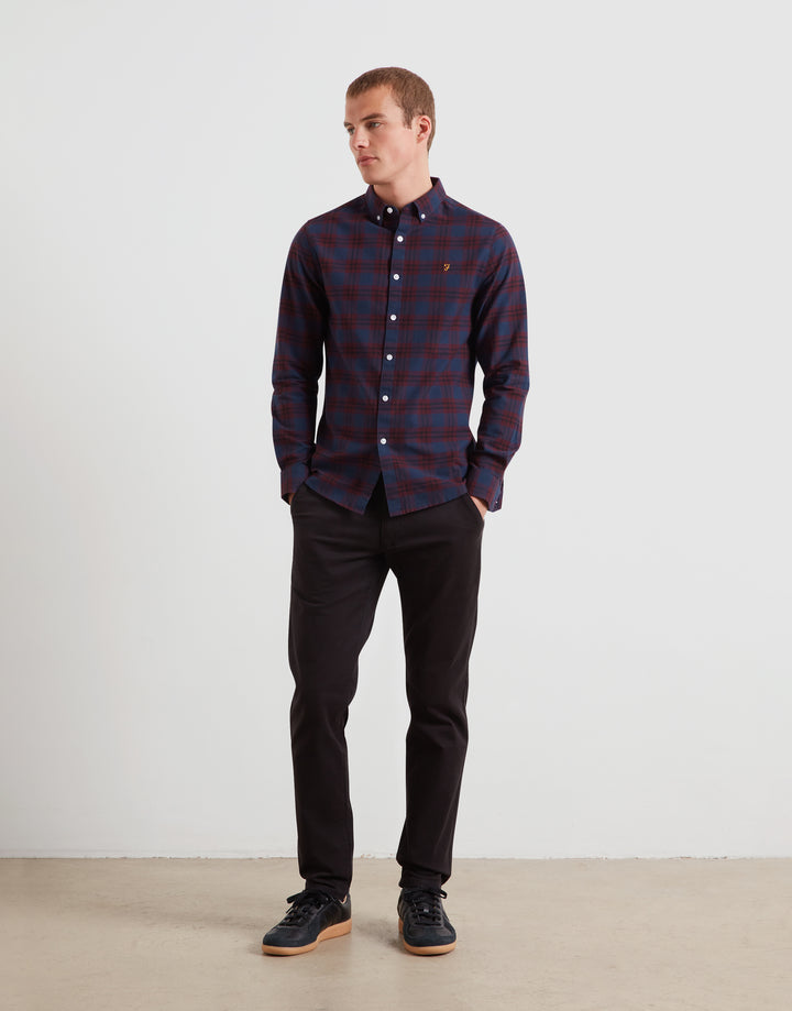 Farah Brewer organic check button-up shirt, long sleeves, dark bordeaux and navy
