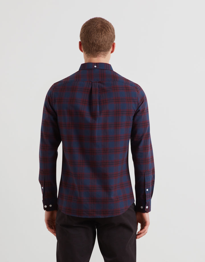 Farah Brewer organic check shirt, back view, long sleeves, button-down collar