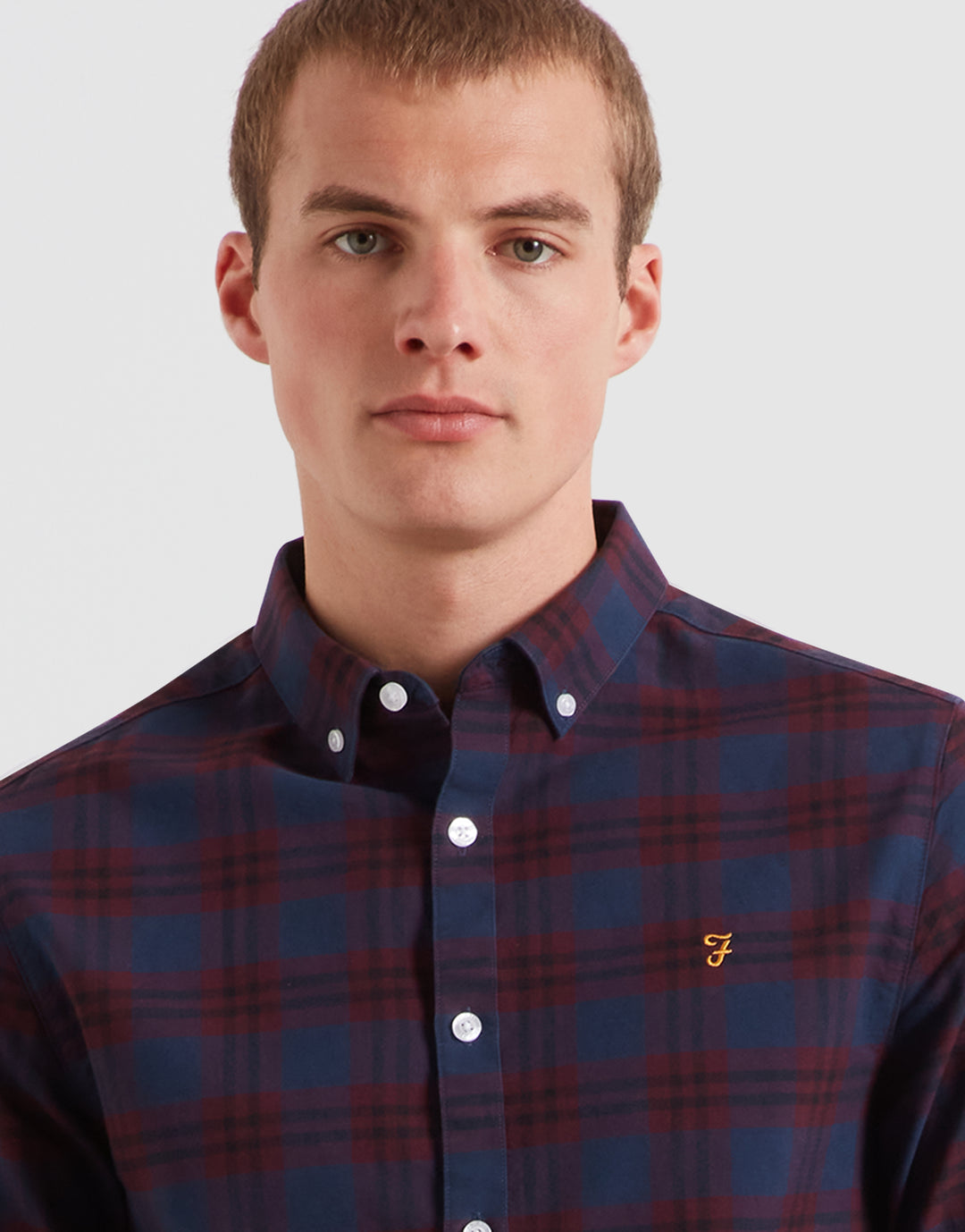 Farah Brewer organic check button-up shirt, button-down collar, chest logo