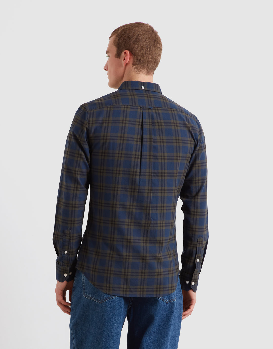 Men's Farah Brewer organic check shirt back view, long sleeves with yoke, navy and green