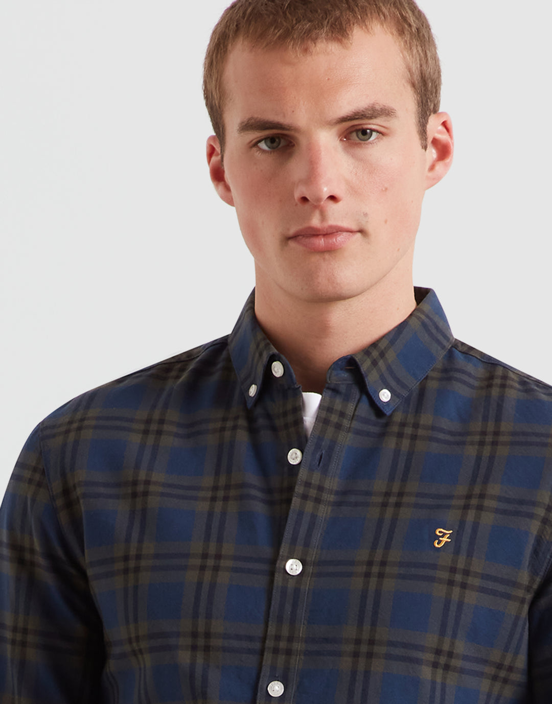 Men's Farah Brewer organic check shirt in dark navy and green, button-front collar