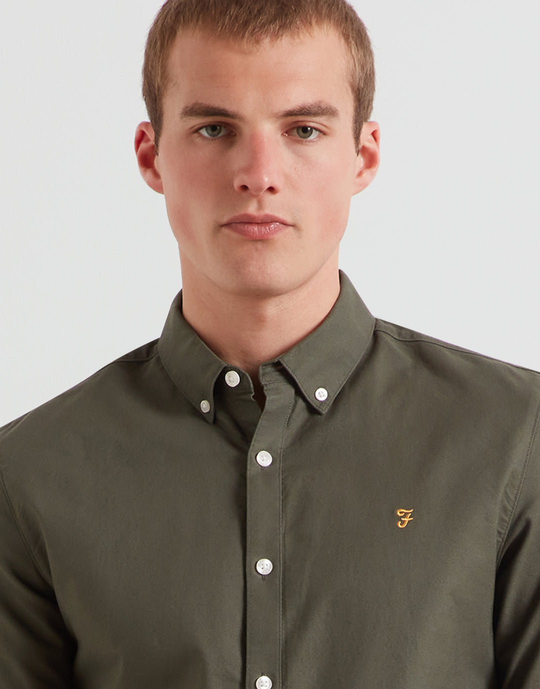 Farah Brewer slim-fit oxford shirt in olive green, button-front and chest logo