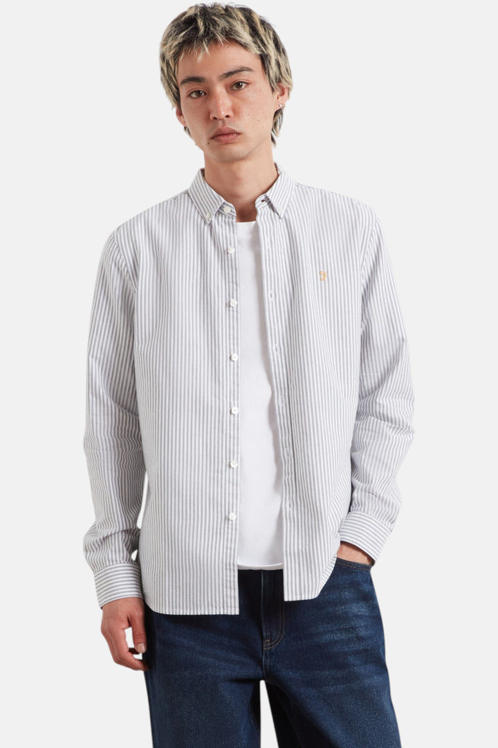 Striped long-sleeve button-up shirt with pointed collar