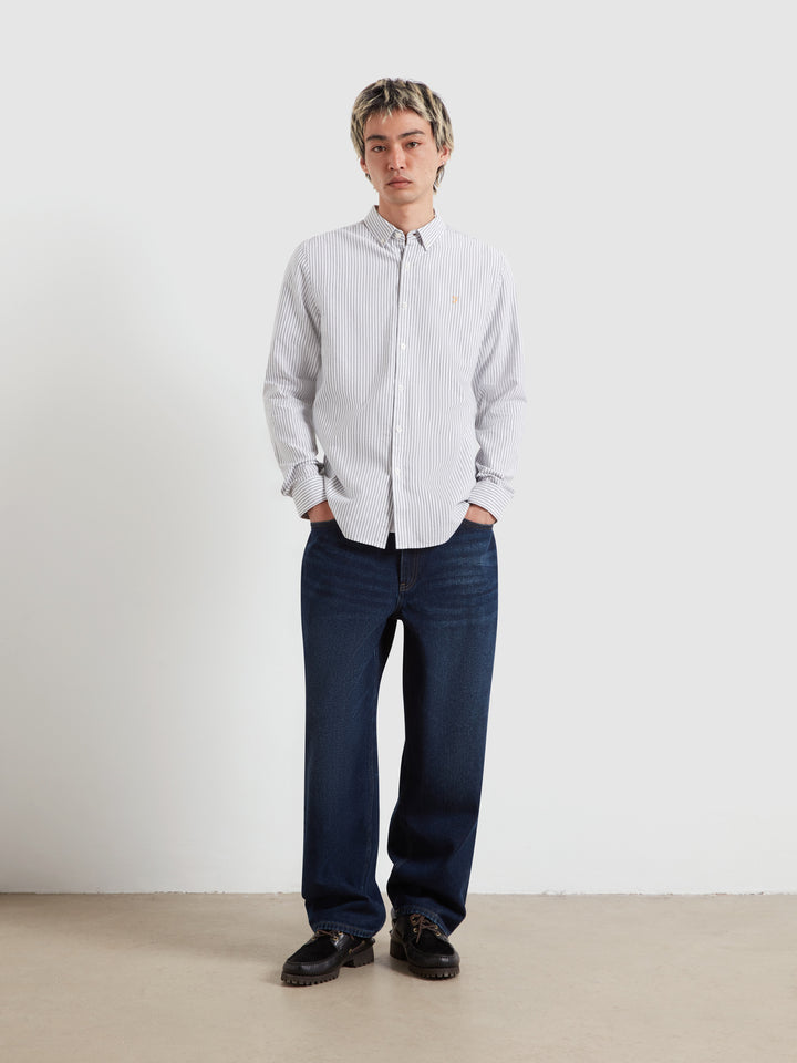 Striped long-sleeve button-up shirt with button cuffs