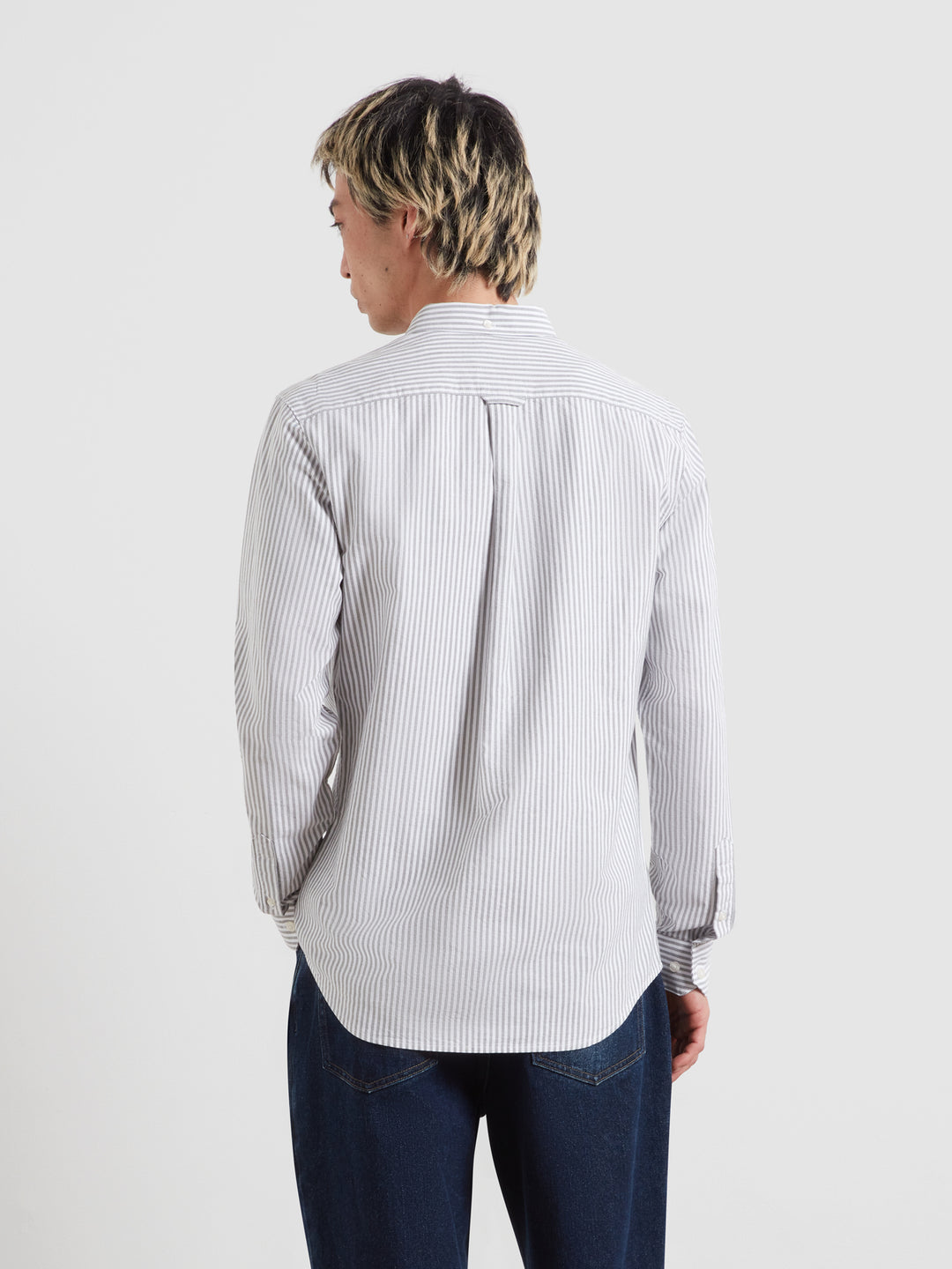 Striped long-sleeve shirt with yoke pleat, back view