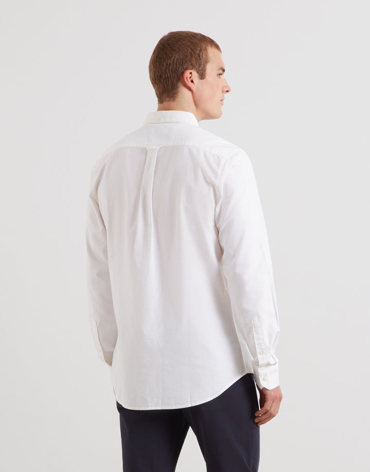 Slim-fit white Oxford button-up shirt, back view with collar and yoke