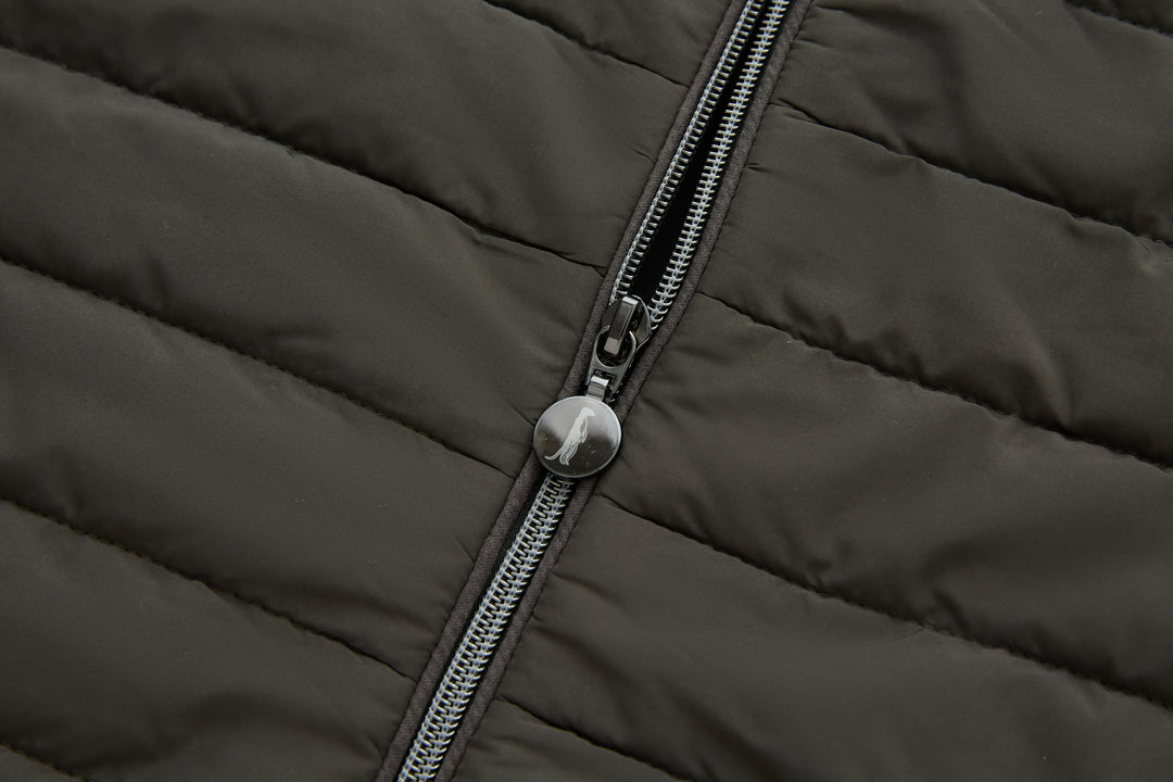 Front zipper close-up with metal pull and contrasting trim