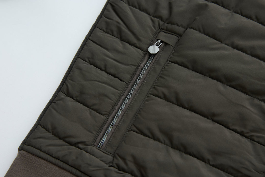 Hybrid jacket front with full zipper and quilted insulation panels