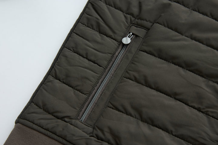 Hybrid jacket front with full zipper and quilted insulation panels