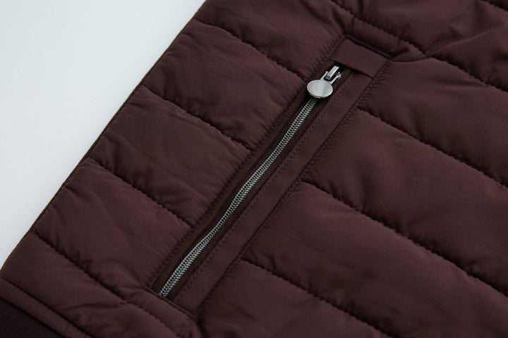 Plum hybrid jacket with diagonal quilted panels and zip front