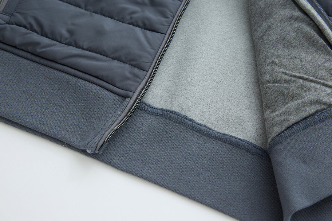 Hybrid jacket sleeve cuff and ribbed hem, gray interior lining