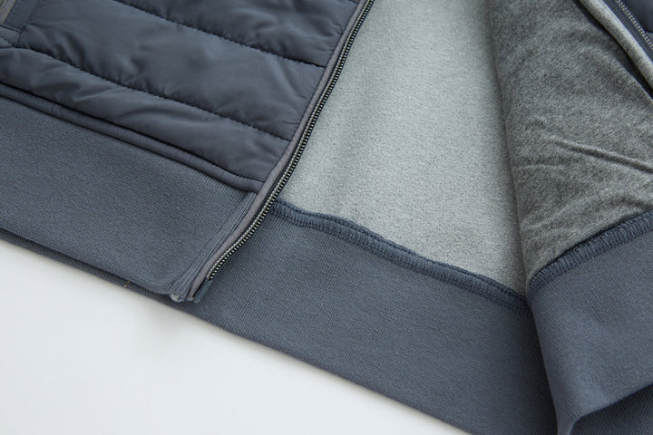 Hybrid jacket sleeve cuff and ribbed hem, gray interior lining