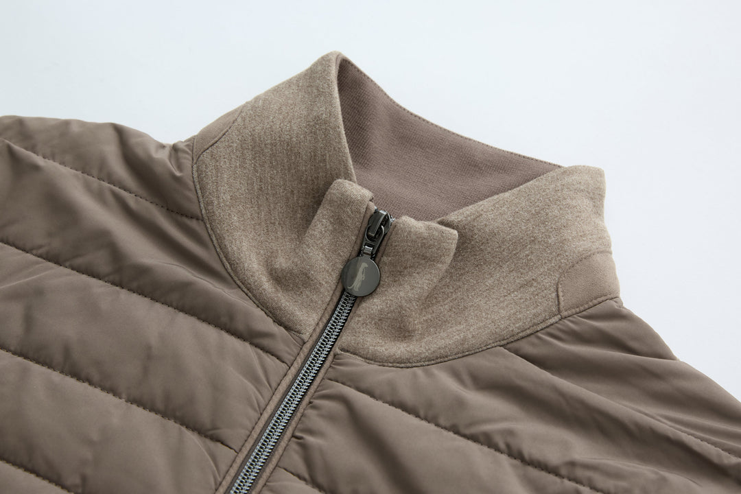 Taupe hybrid jacket collar with front zipper and snap button