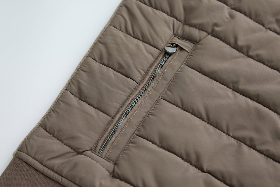 Taupe quilted hybrid jacket with front zipper and stand collar