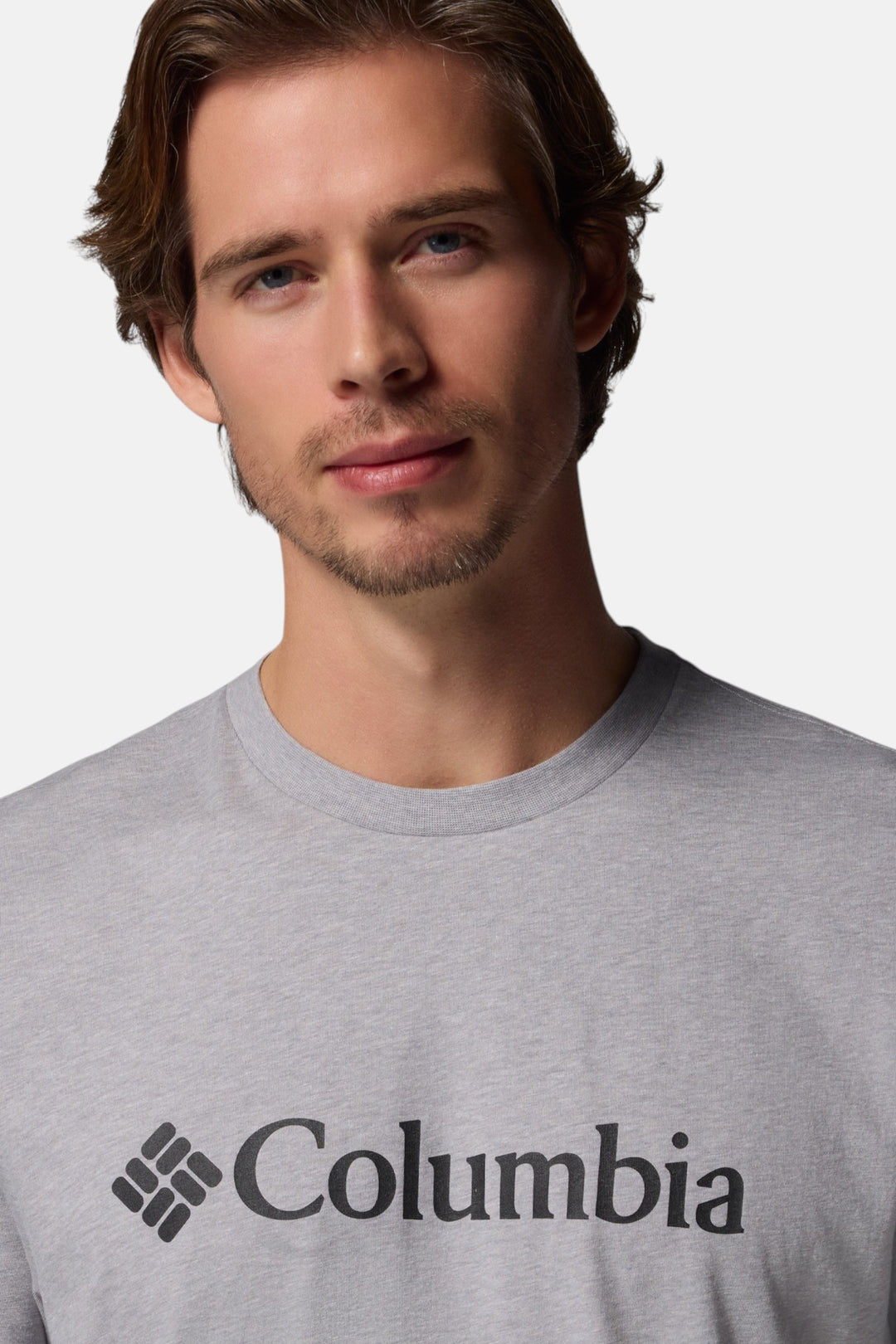 Heather gray Columbia logo T-shirt close-up, crew neck short sleeves