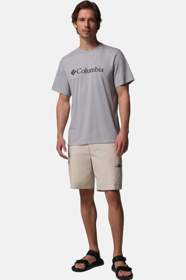 Heather gray Columbia crew-neck T-shirt with small front logo, short sleeves