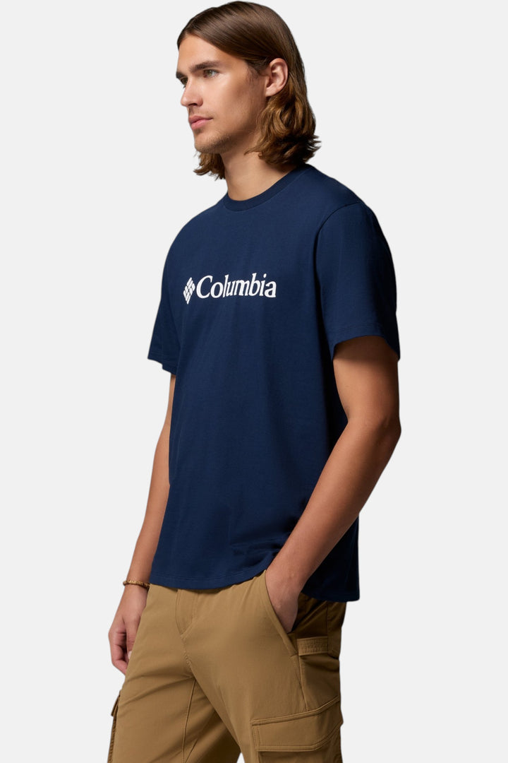 Men's collegiate navy T-shirt with Columbia logo, side view