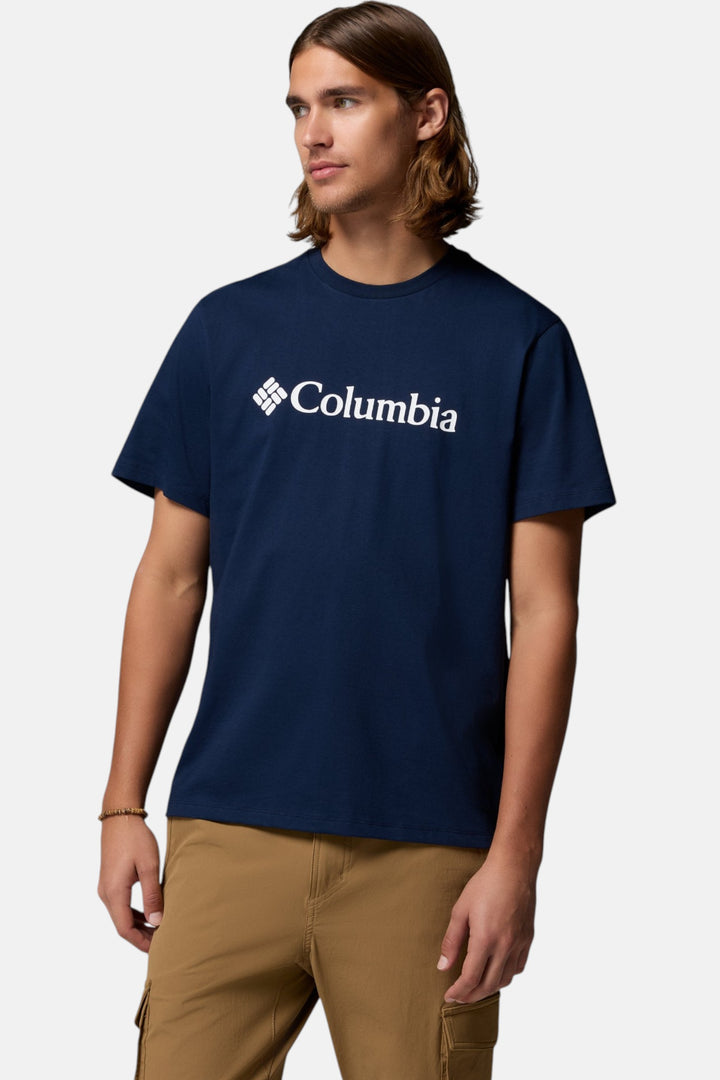 Men's collegiate navy T-shirt with Columbia logo on chest