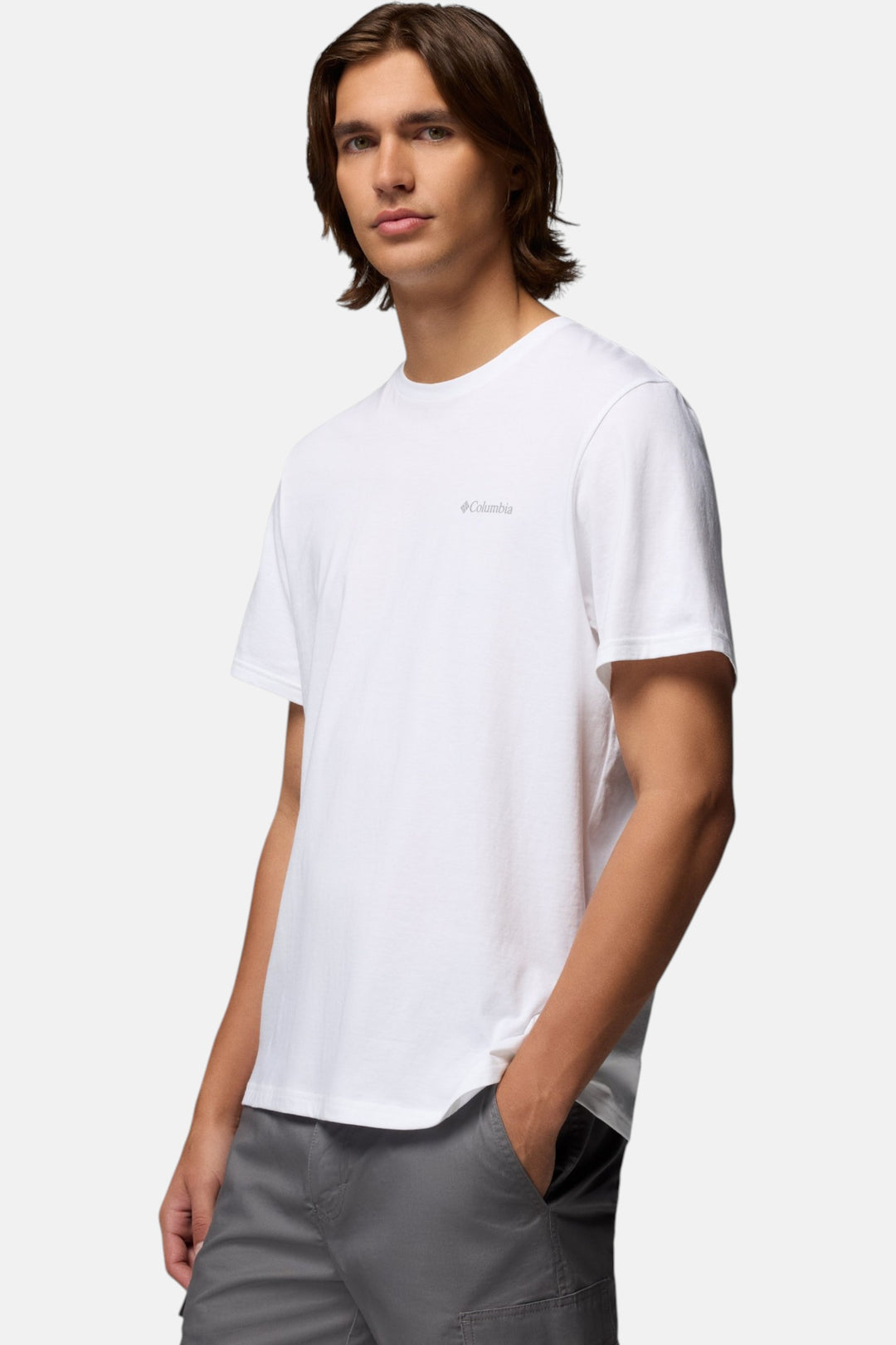 White Columbia CSC basic tee with crew neck and short sleeves, front view