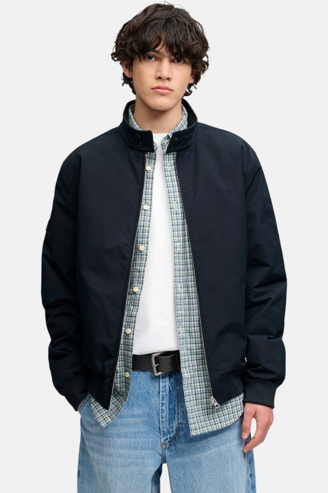 Superdry Campus padded harrington jacket, dark navy zip with check-lined hoodless collar