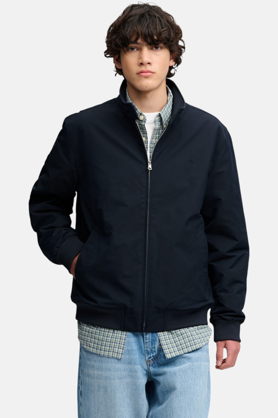 Superdry Campus padded harrington jacket, dark navy zip, check-lined placket, rib cuffs