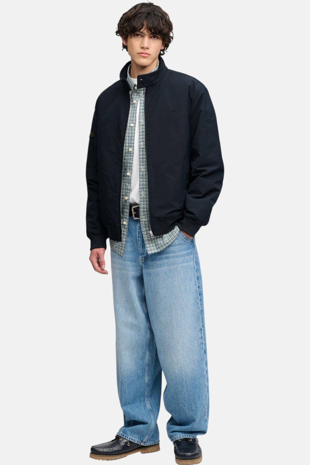 Superdry Campus padded harrington jacket, dark navy zip, side pockets, check lining