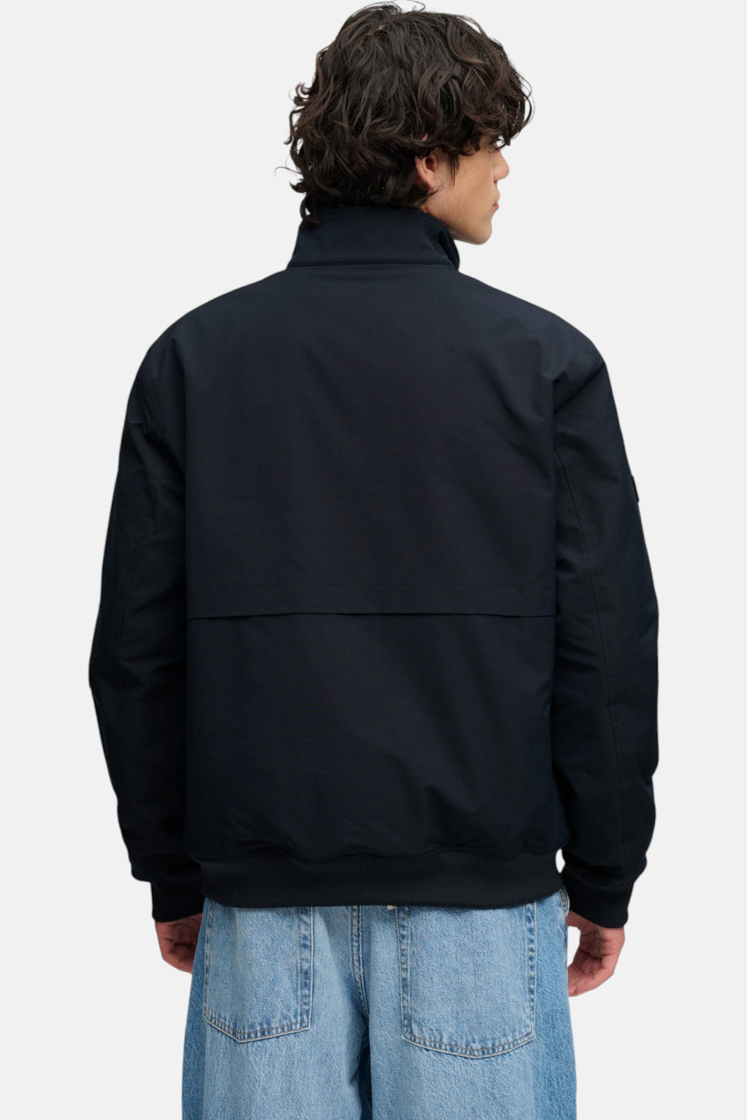 Superdry Campus padded harrington jacket back view, dark navy with ribbed hem