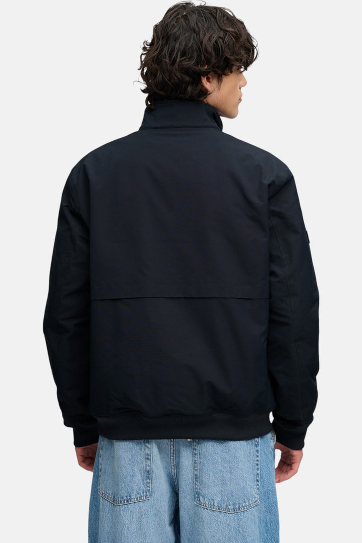Superdry Campus padded harrington jacket back view, dark navy with ribbed hem