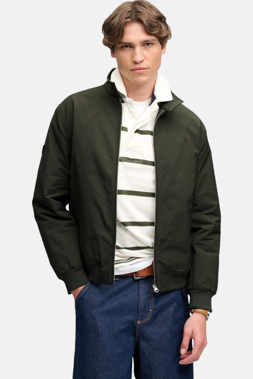 Olive green padded Harrington jacket with zip front, stand collar, and side pockets
