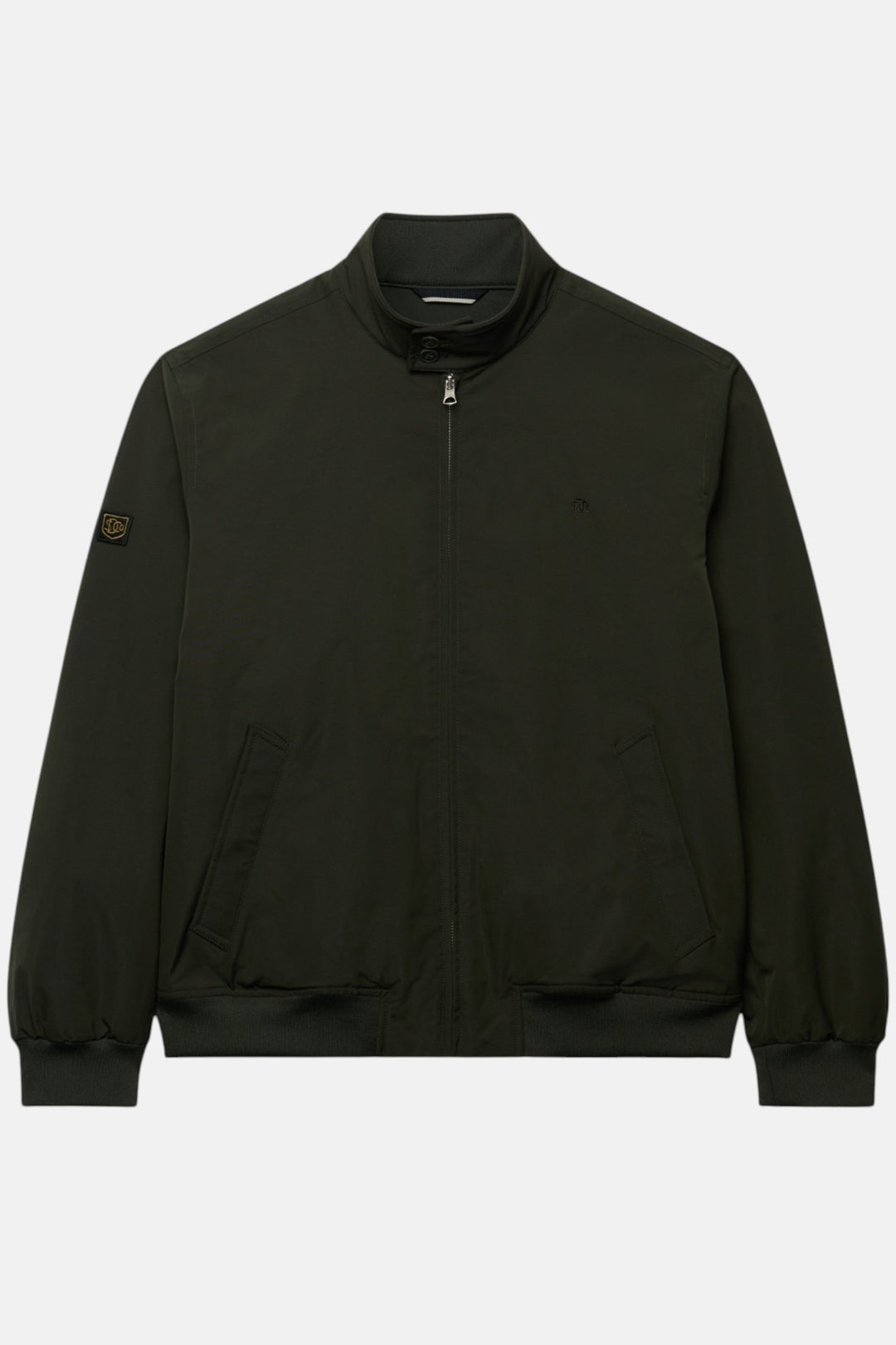 Olive green padded Harrington jacket with stand collar zip and sleeve badge patch