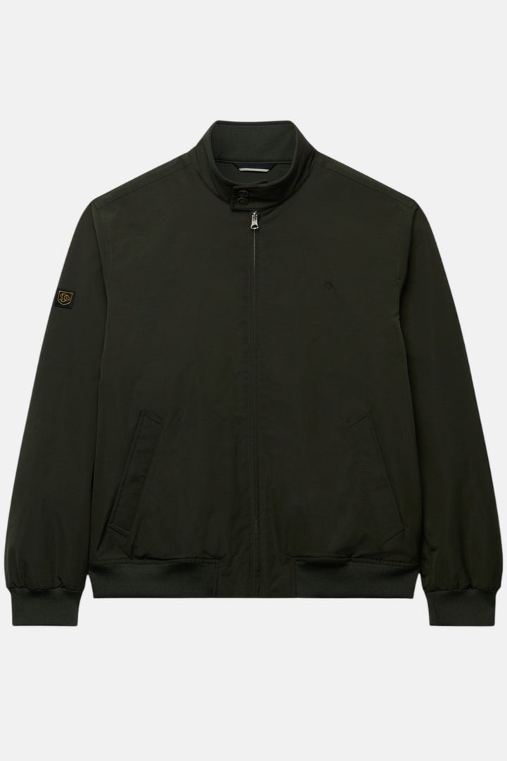 Olive green padded Harrington jacket with stand collar zip and sleeve badge patch