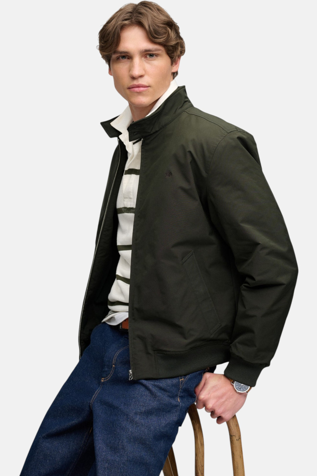 Olive green padded Harrington jacket with zip front and stand collar, elastic cuffs