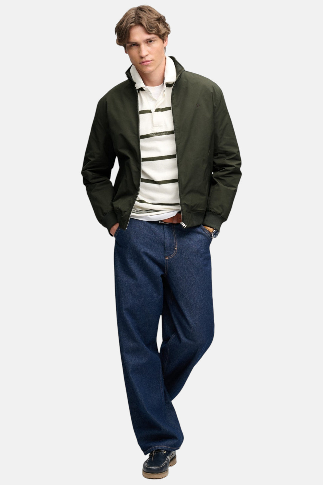 Olive green padded Harrington jacket with front zip and ribbed hem