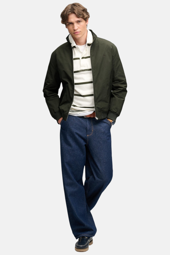 Olive green padded Harrington jacket with front zip and ribbed hem