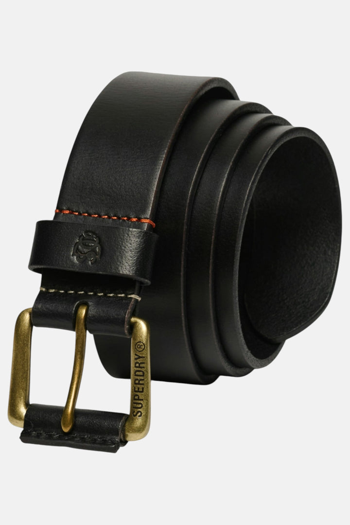 Black leather belt with curved buckle, embossed brand patch, and red-stitched edge