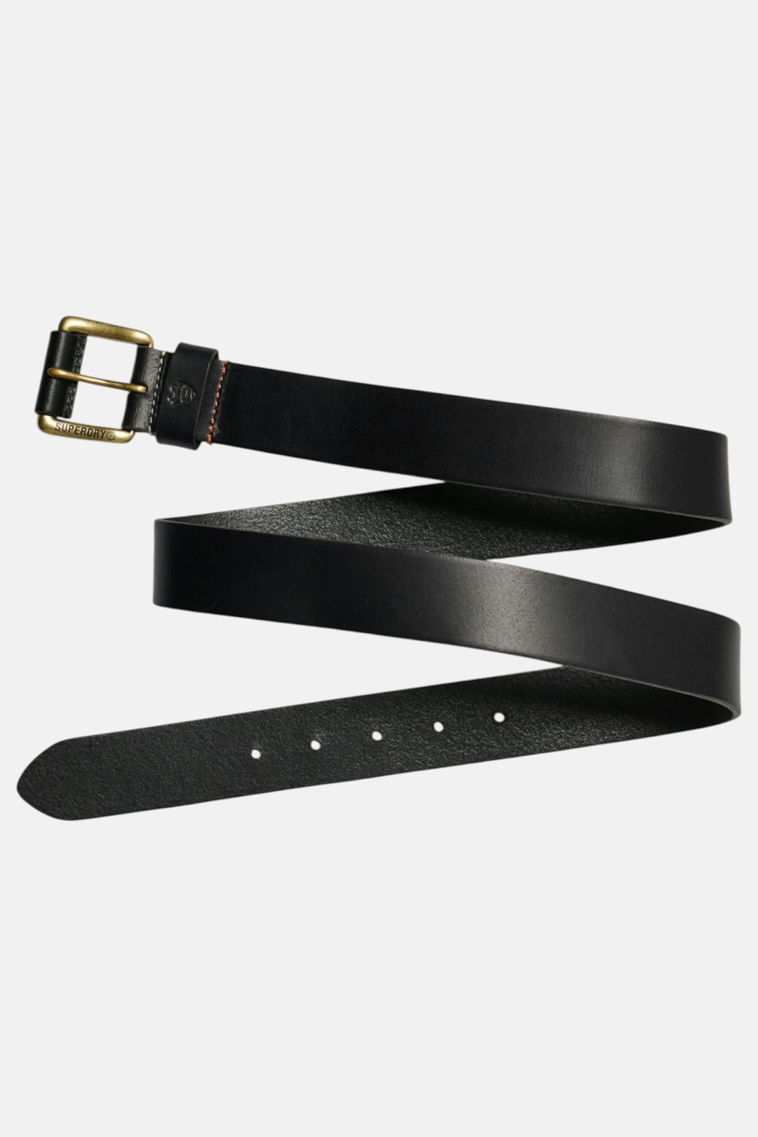 Black leather belt with brass-tone buckle and multiple adjustment holes