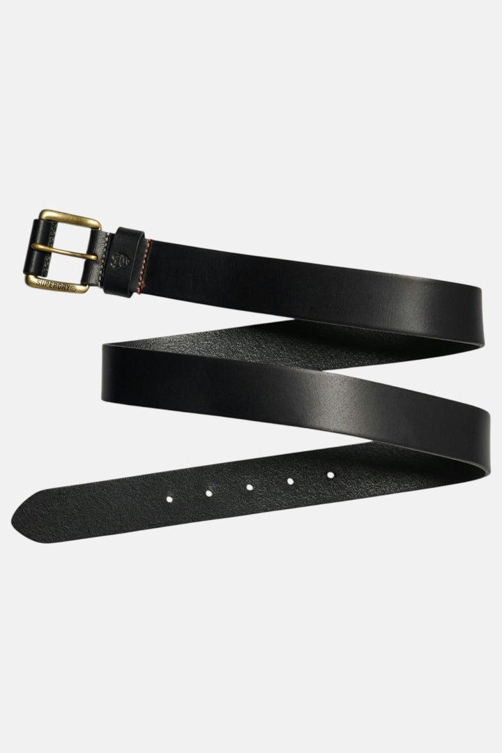 Black leather belt with brass-tone buckle and multiple adjustment holes