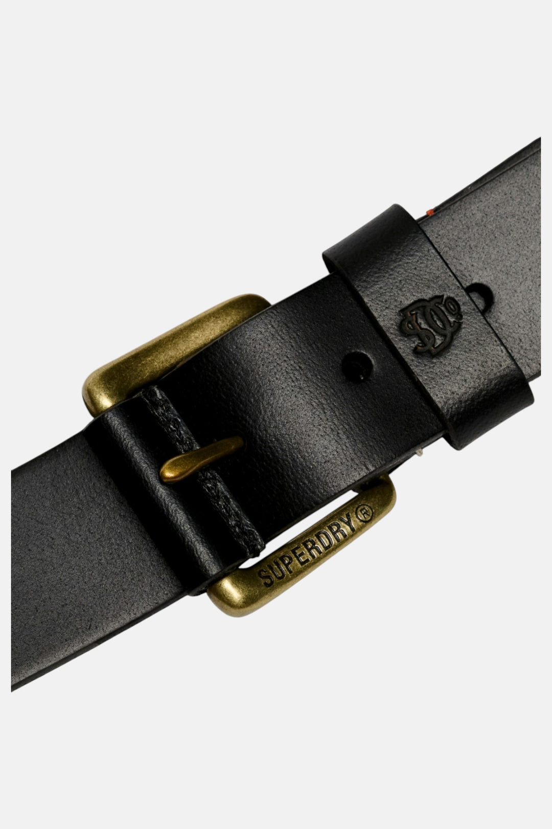 Black leather classic belt with gold-tone buckle and embossed brand logo