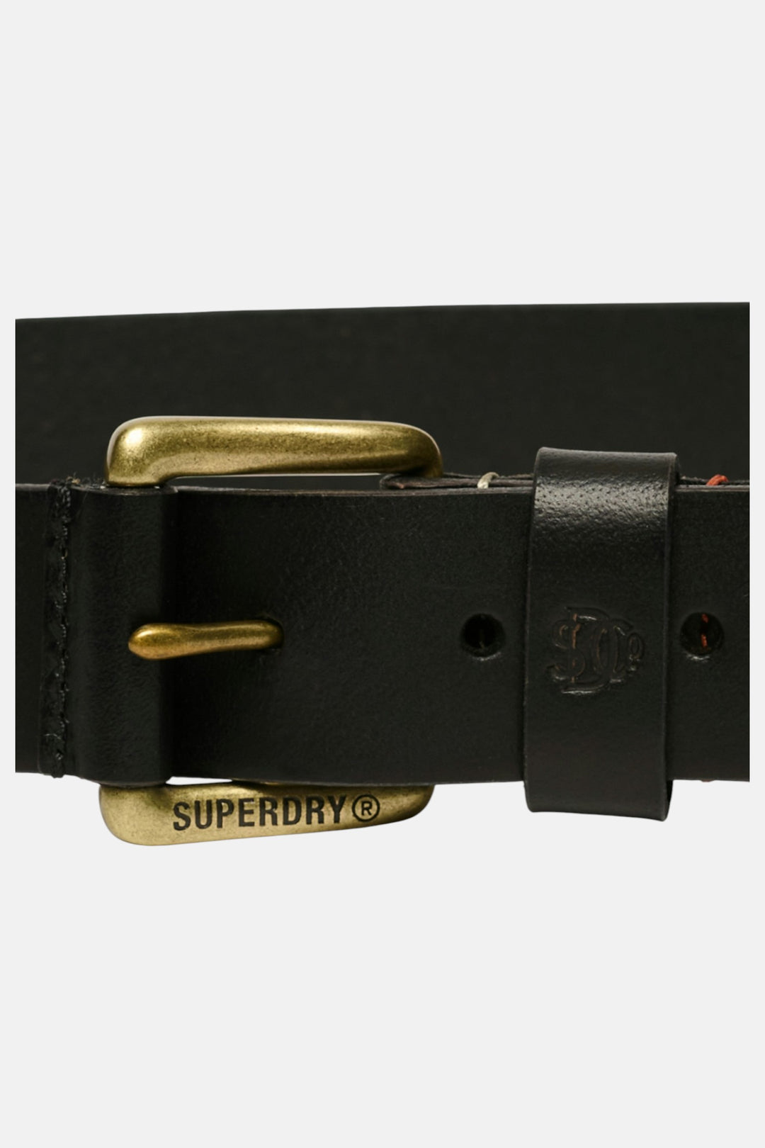 Black leather belt with gold-tone buckle, embossed logo plate, and adjustment holes