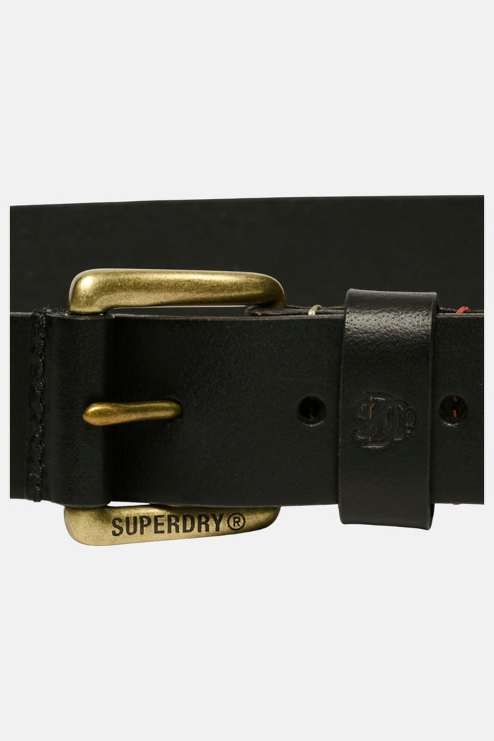 Black leather belt with gold-tone buckle, embossed logo plate, and adjustment holes