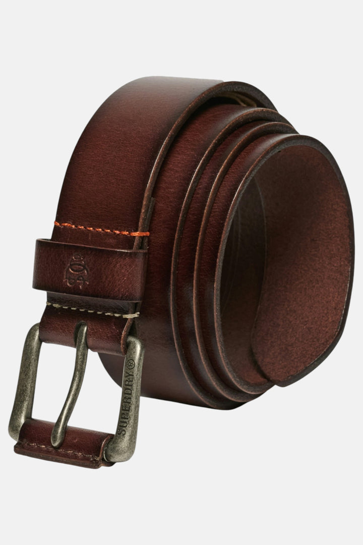Brown leather belt with stitched keeper and antique-style buckle