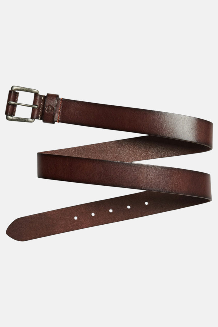 Brown leather belt with multiple adjustment holes and flat end strap