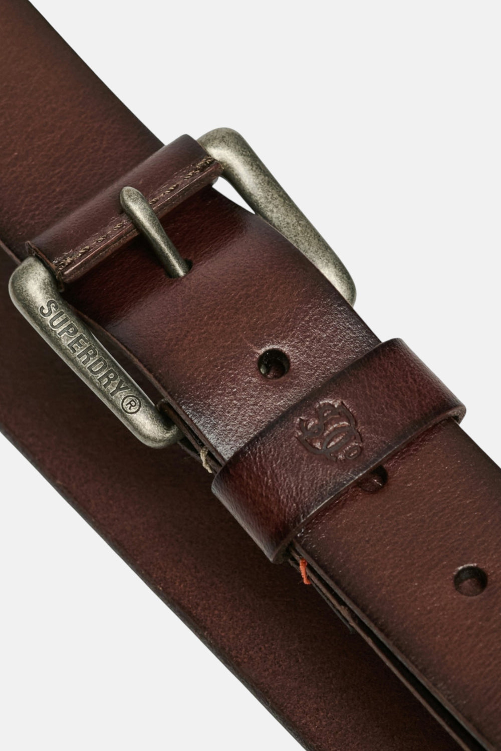 Brown leather belt with metal buckle and embossed Superdry logo strap end