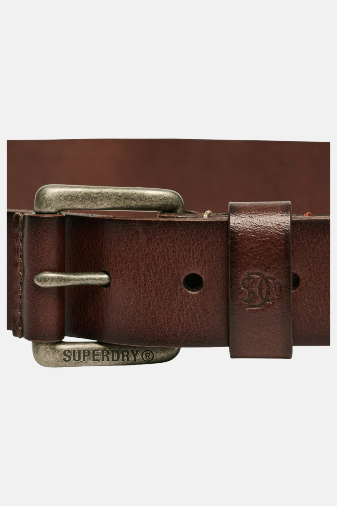 Brown leather belt buckle with adjustable holes and Superdry logo plate