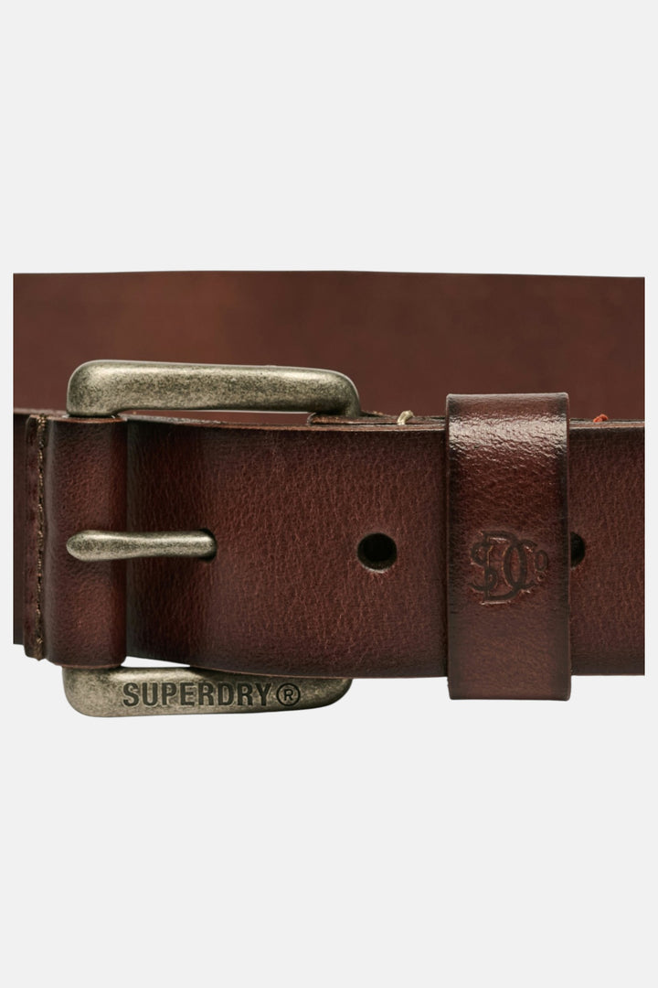 Brown leather belt buckle with adjustable holes and Superdry logo plate
