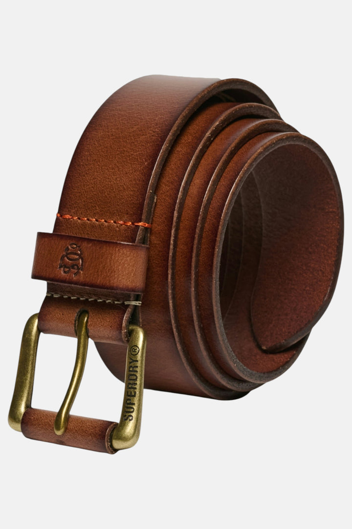 Tan leather belt rolled view with brass buckle and stitched end loop keeper
